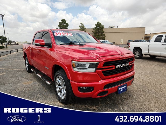 2022 RAM 1500 Laramie in Flame Red Clearcoat — front three-quarter view